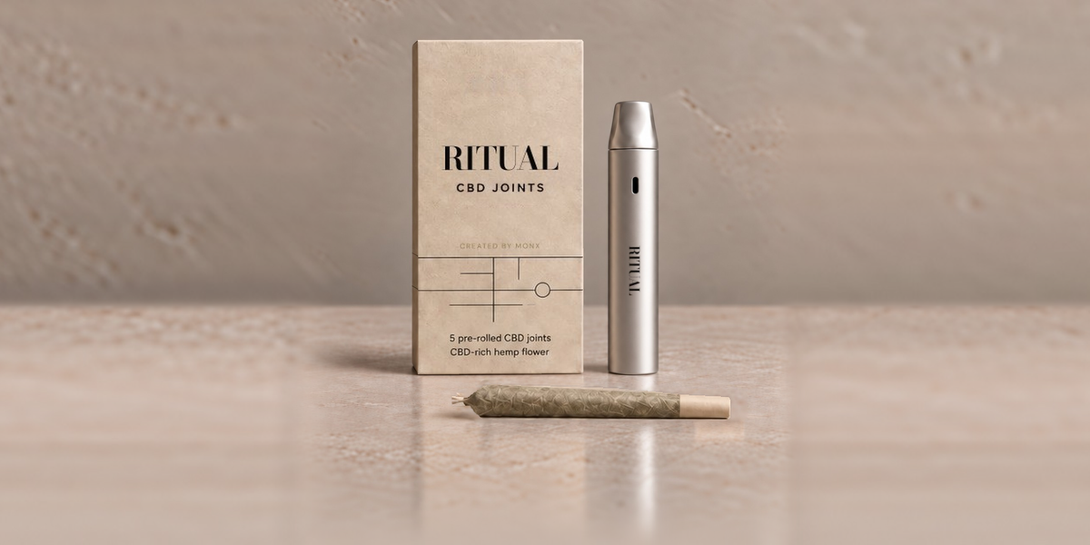 Ritual box, silver vape and pre-rolled CBD joint on a stone surface — desktop composition