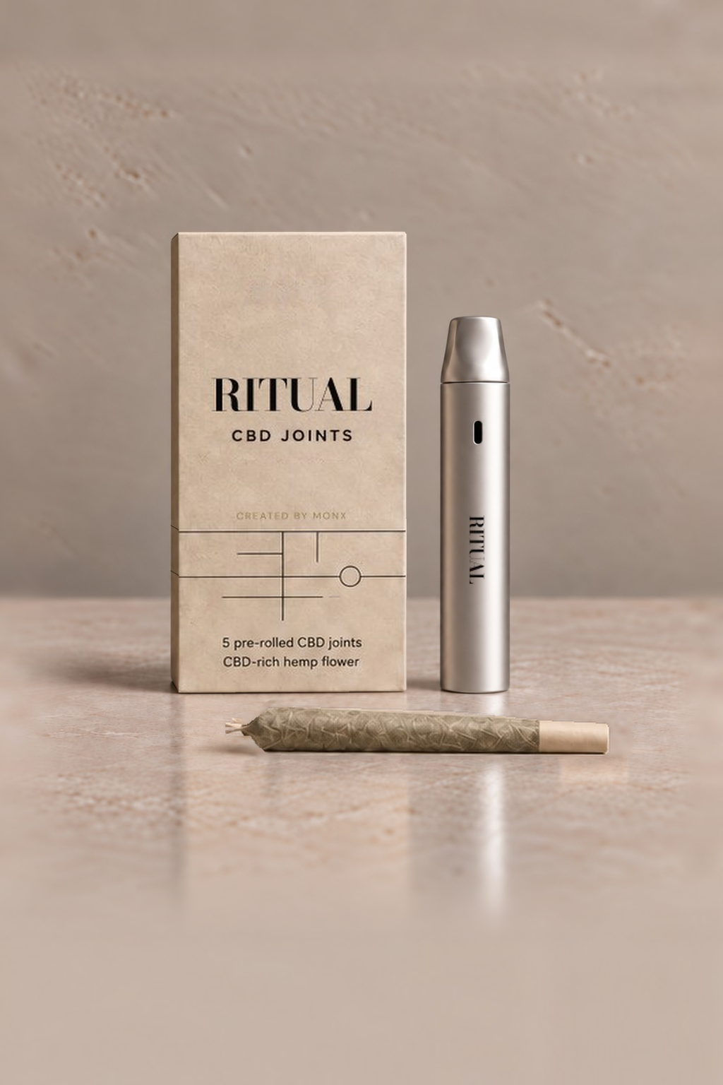 Ritual box, silver vape and pre-rolled CBD joint on a stone surface — mobile composition